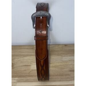 Vintage Western Cowhide Brown Leather Belt Size 36 Silver Buckle Cowboy